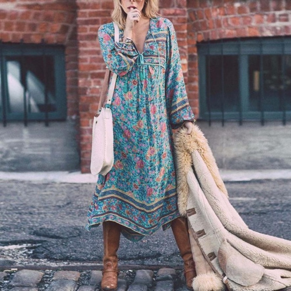 NWT Folk Town Maxi Boho Hippie Long Bohemian Dress - Picture 2 of 8